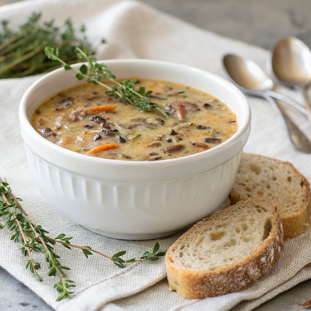 Creamy Autumn Wild Rice Soup served with thyme and bread