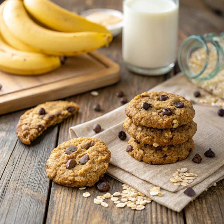 Banana Bread Cookies stacked on a rustic wooden table