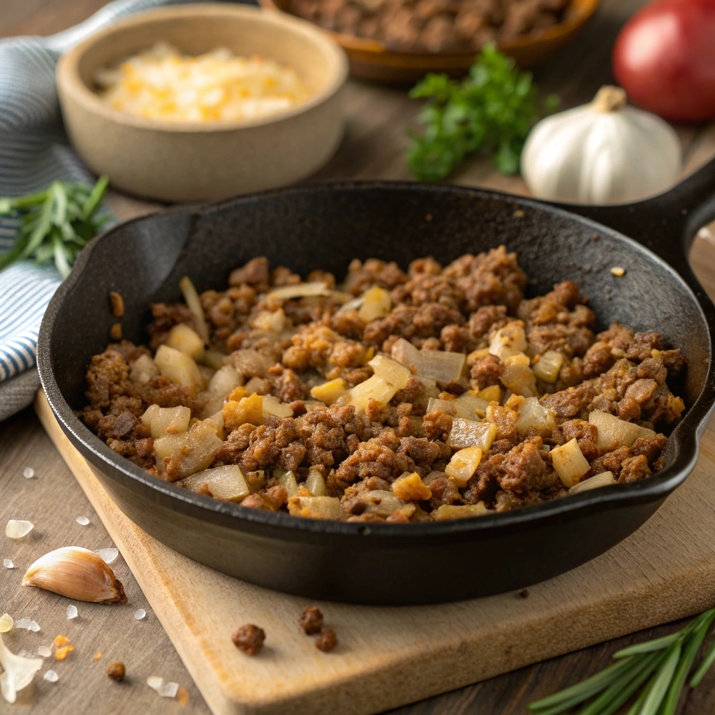 Ground beef browning with onions and garlic in a skillet for Hamburger Helper Recipe