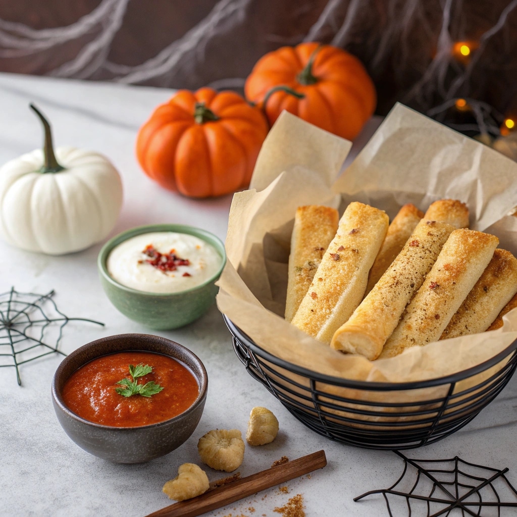 Cheesy Halloween Breadstick Bones with dips