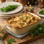Cheesy Herb Stuffing Recipe baked in casserole