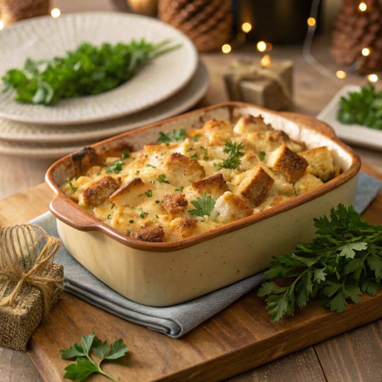 Cheesy Herb Stuffing Recipe baked in casserole