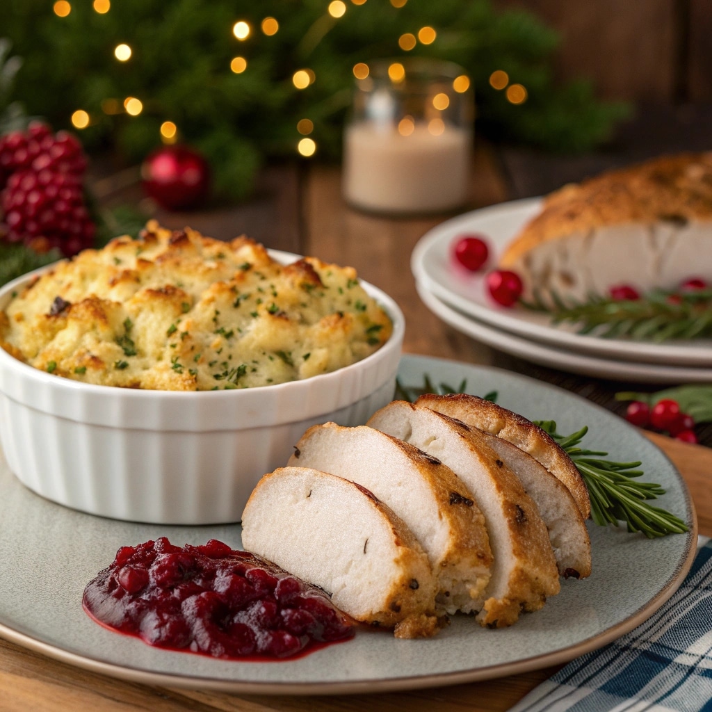 Cheesy Herb Stuffing Recipe served with turkey
