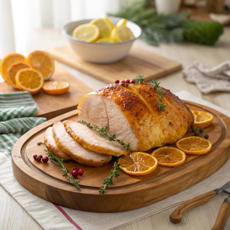 Citrus glazed turkey breast on serving board