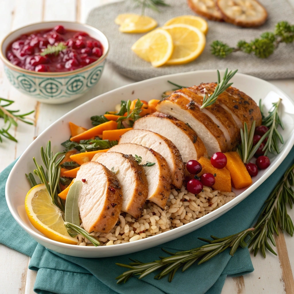 Sliced citrus glazed turkey breast with sides