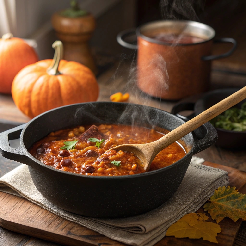 Pumpkin chili simmering in pot