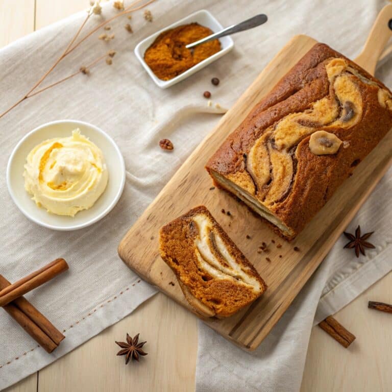 Cream Cheese Swirled Pumpkin Loaf: Moist, Spiced, and Perfectly Ribboned 4 Cream Cheese Swirled Pumpkin Loaf sliced with visible cream cheese ribbon