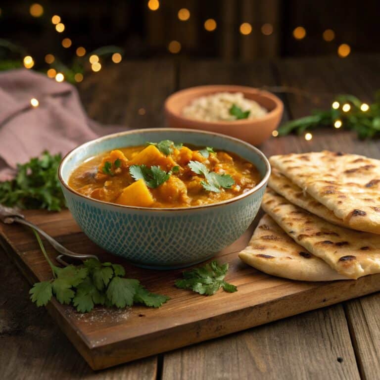 Creamy pumpkin curry served with naan bread