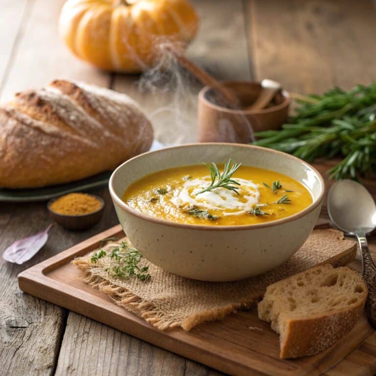 Creamy pumpkin soup in rustic fall kitchen