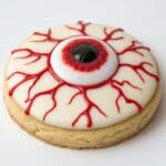Close-up of Creepy Eyeball Cookie with red gel veins
