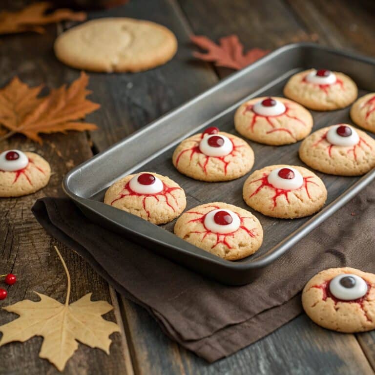 Creepy Eyeball Cookies on a tray with candy eyes and red veins