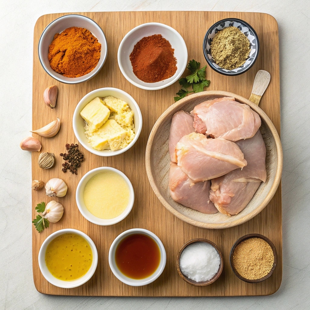 Crockpot butter chicken ingredients on wooden board