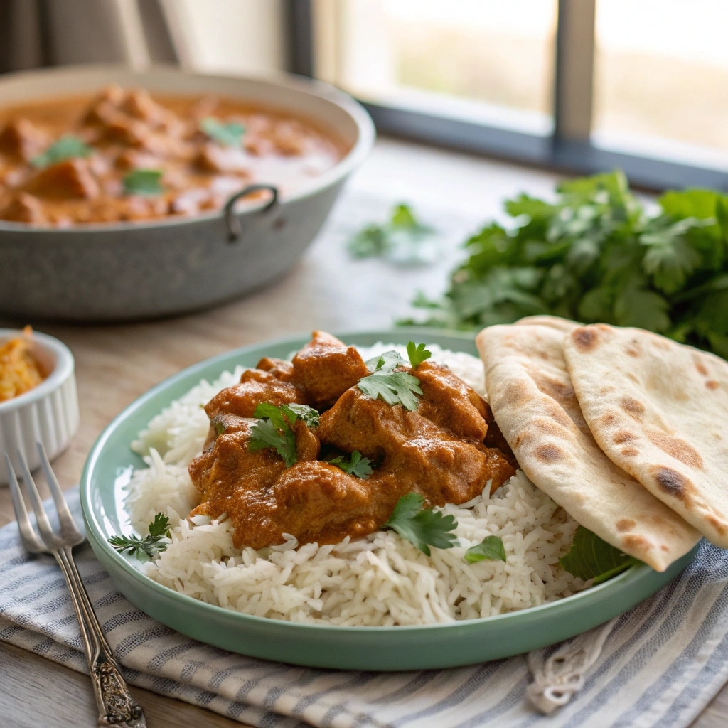Crockpot butter chicken with basmati rice and naan