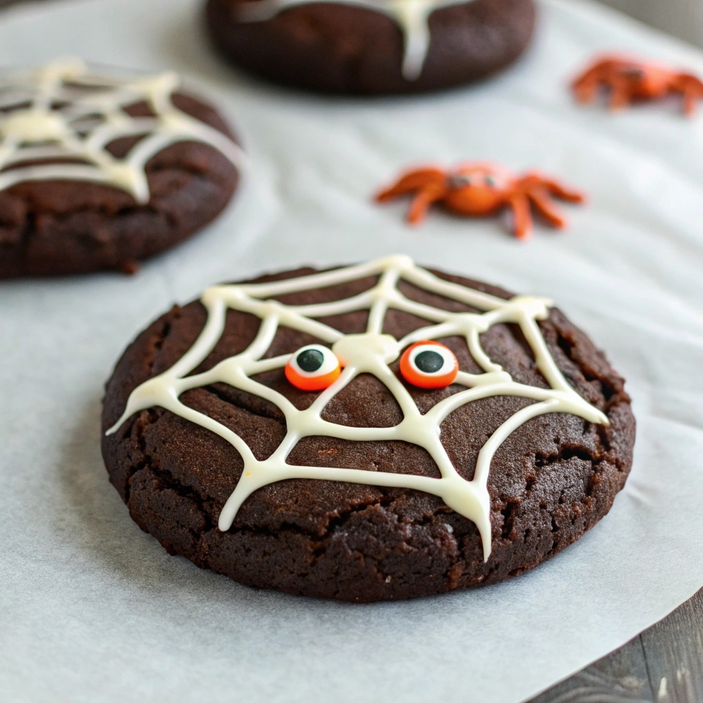 Dark Chocolate Halloween Cookie with spiderweb decoration