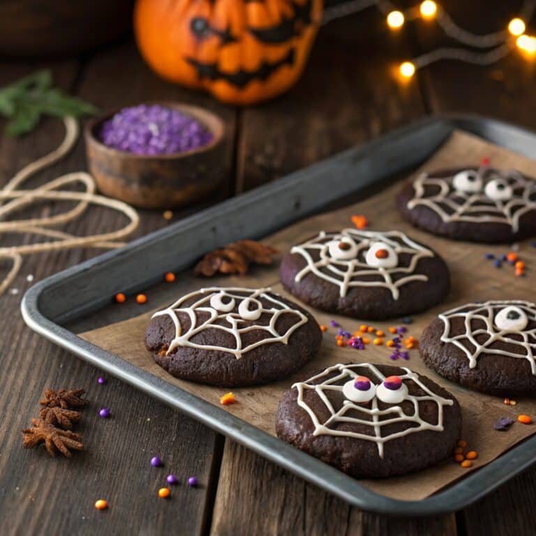 Dark Chocolate Halloween Cookies decorated with candy eyes and sprinkles