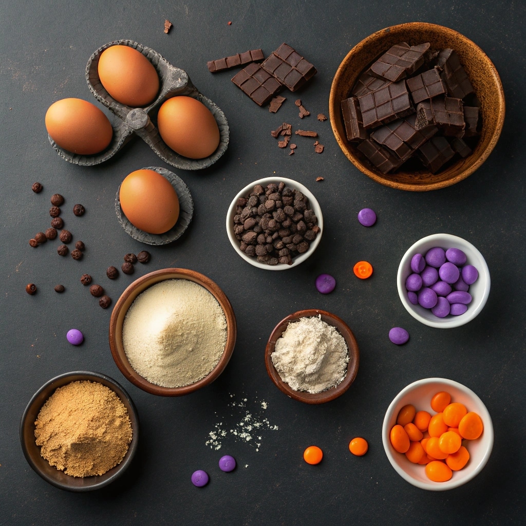 Dark Chocolate Halloween Cookies ingredients on a dark surface