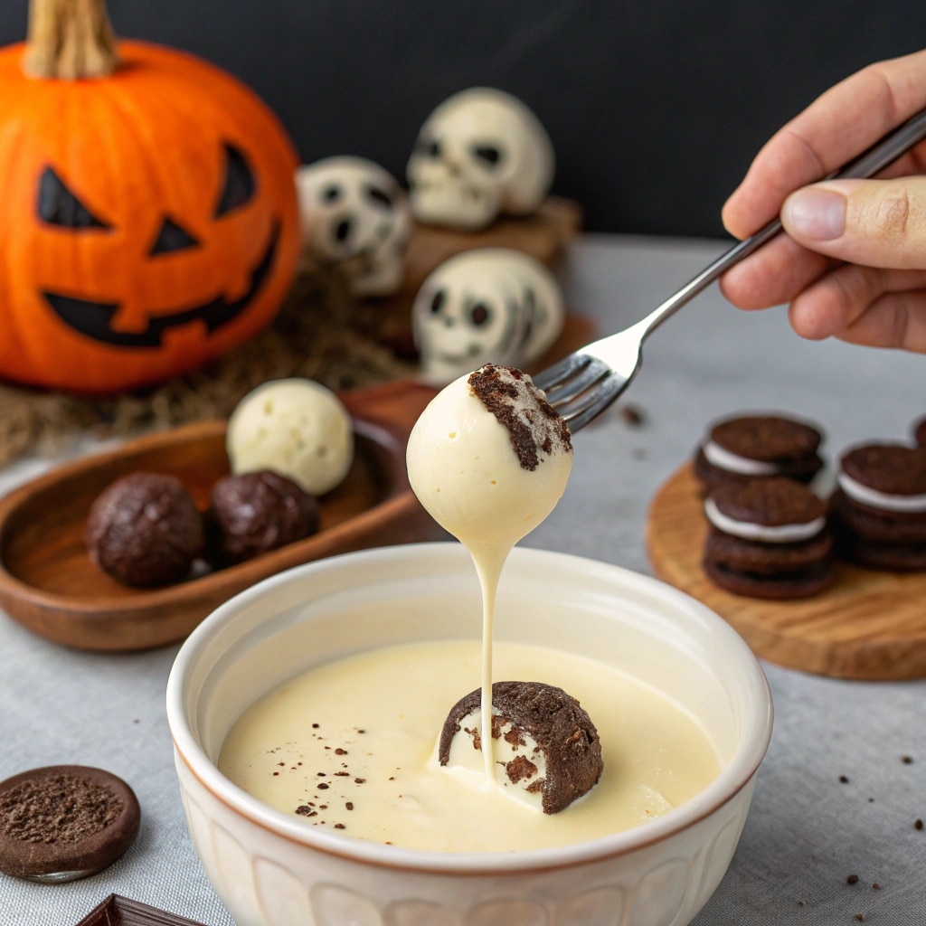 Dipping Ghost Oreo Balls in White Chocolate