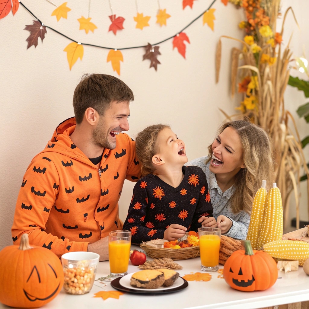 family enjoying halloween breakfast together