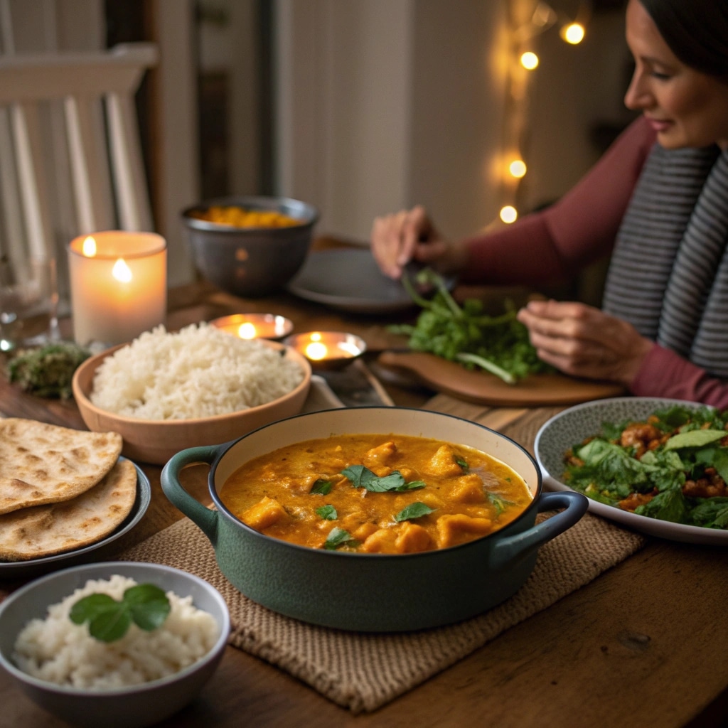 Family-style pumpkin curry dinner setup