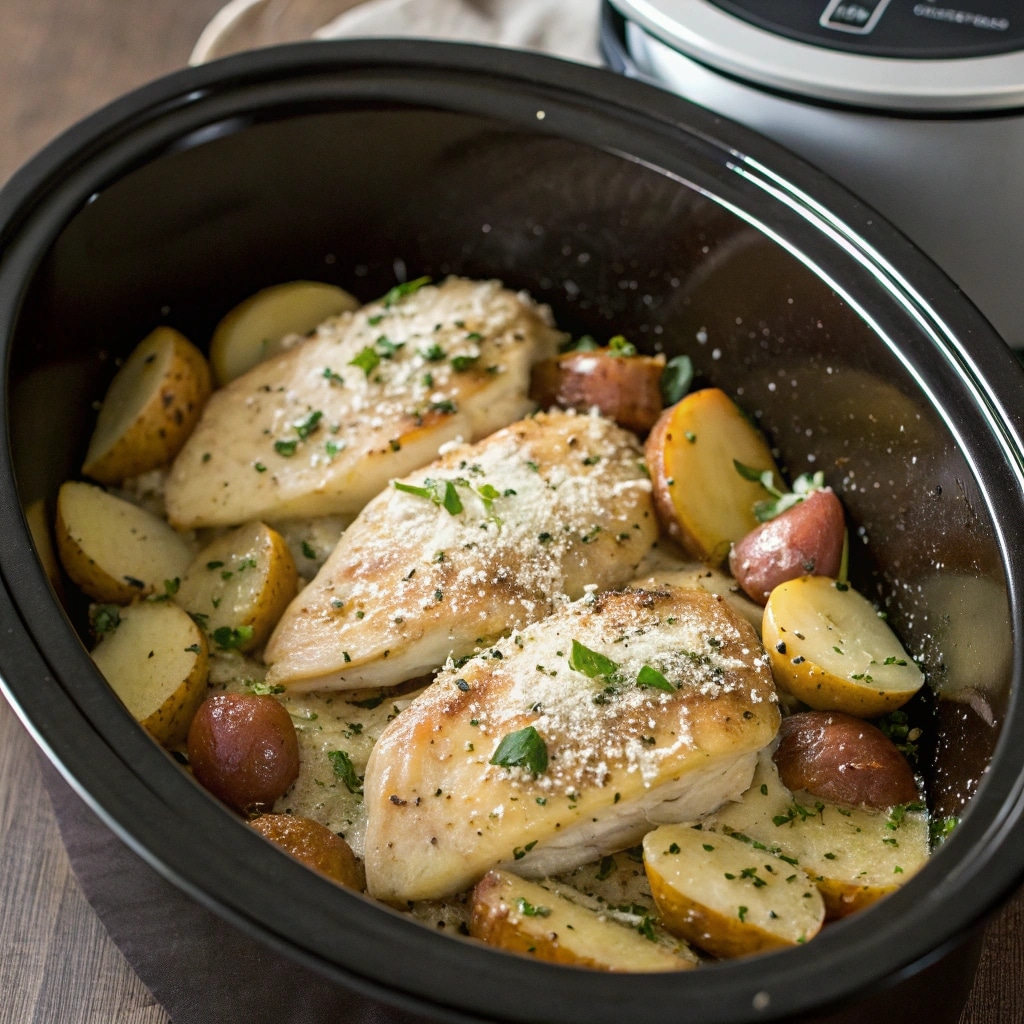 Garlic Parmesan Chicken and Potatoes cooking in crockpot