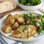 Garlic Parmesan Crockpot Chicken and Potatoes plated for serving