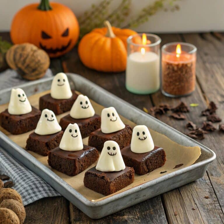 Ghost brownies decorated with marshmallow ghosts