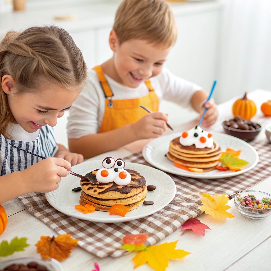 kids decorating halloween breakfast pancakes