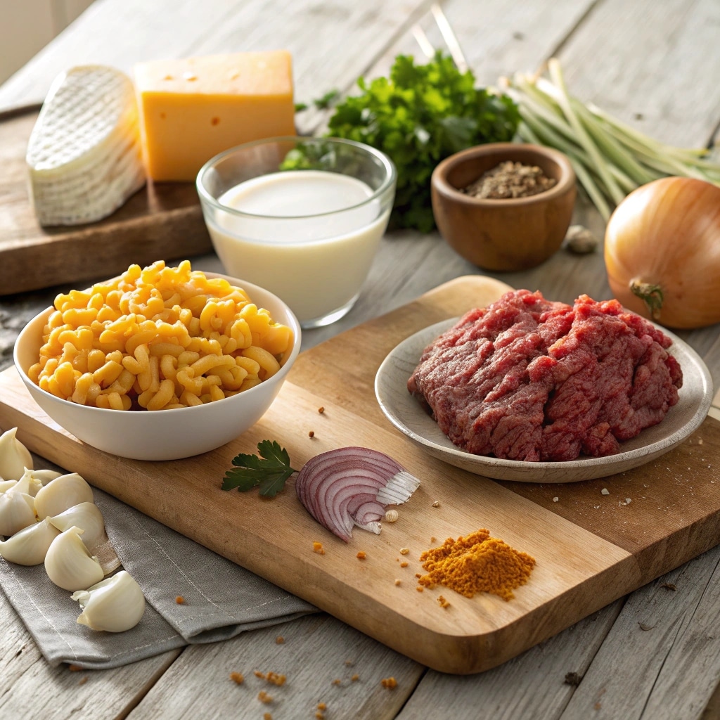Ingredients for homemade Hamburger Helper neatly arranged on a wooden counter