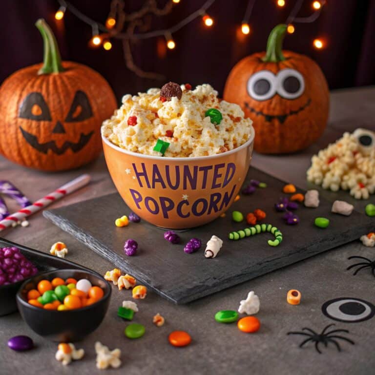 Haunted Popcorn Halloween party bowl with spooky toppings