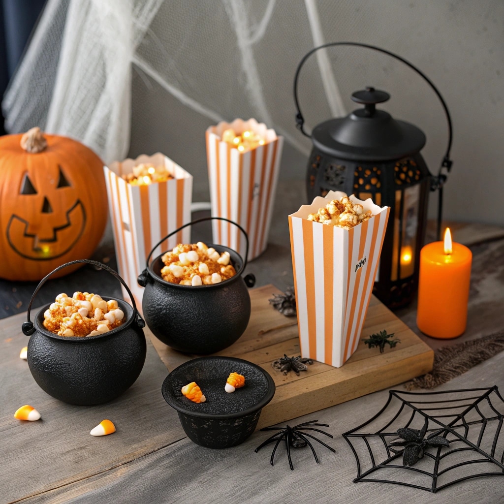 Haunted Popcorn served in cauldrons and treat bags