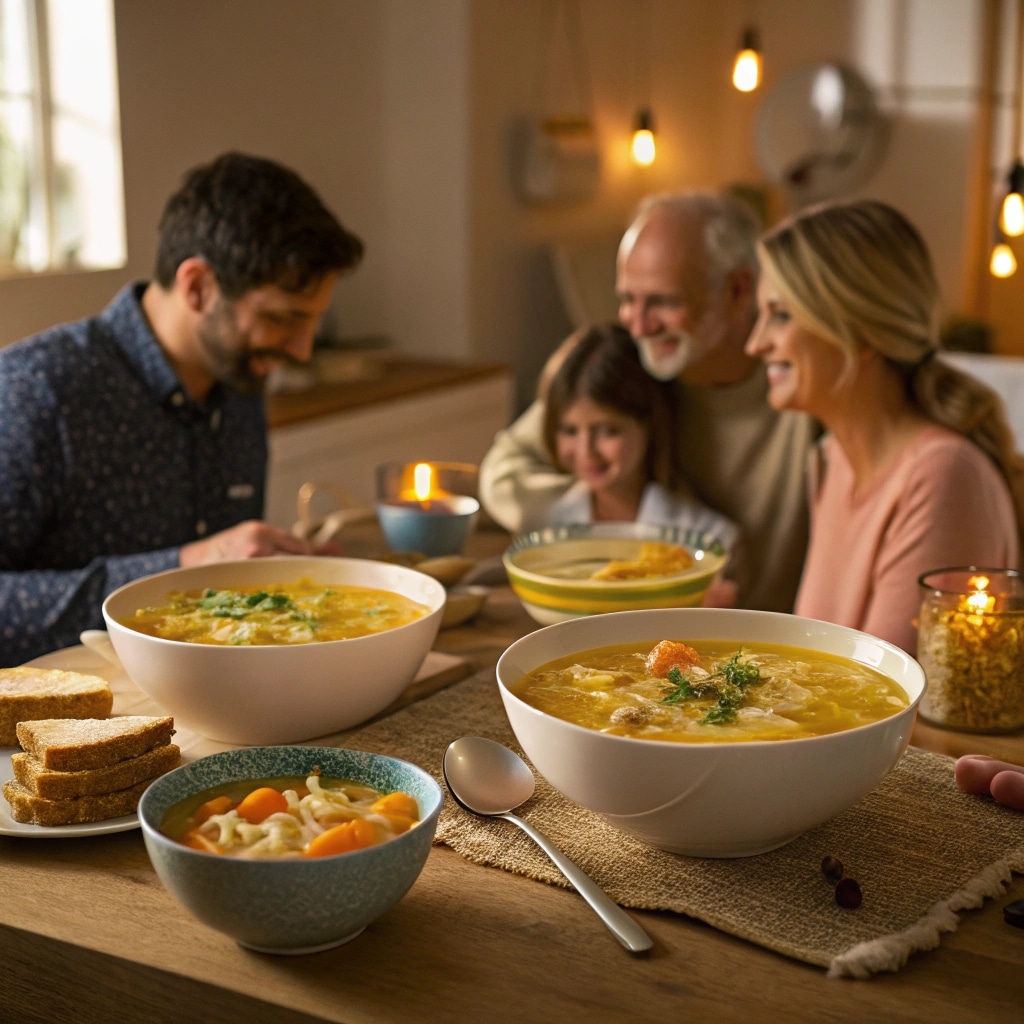 Family enjoying Italian Penicillin Soup at dinner table