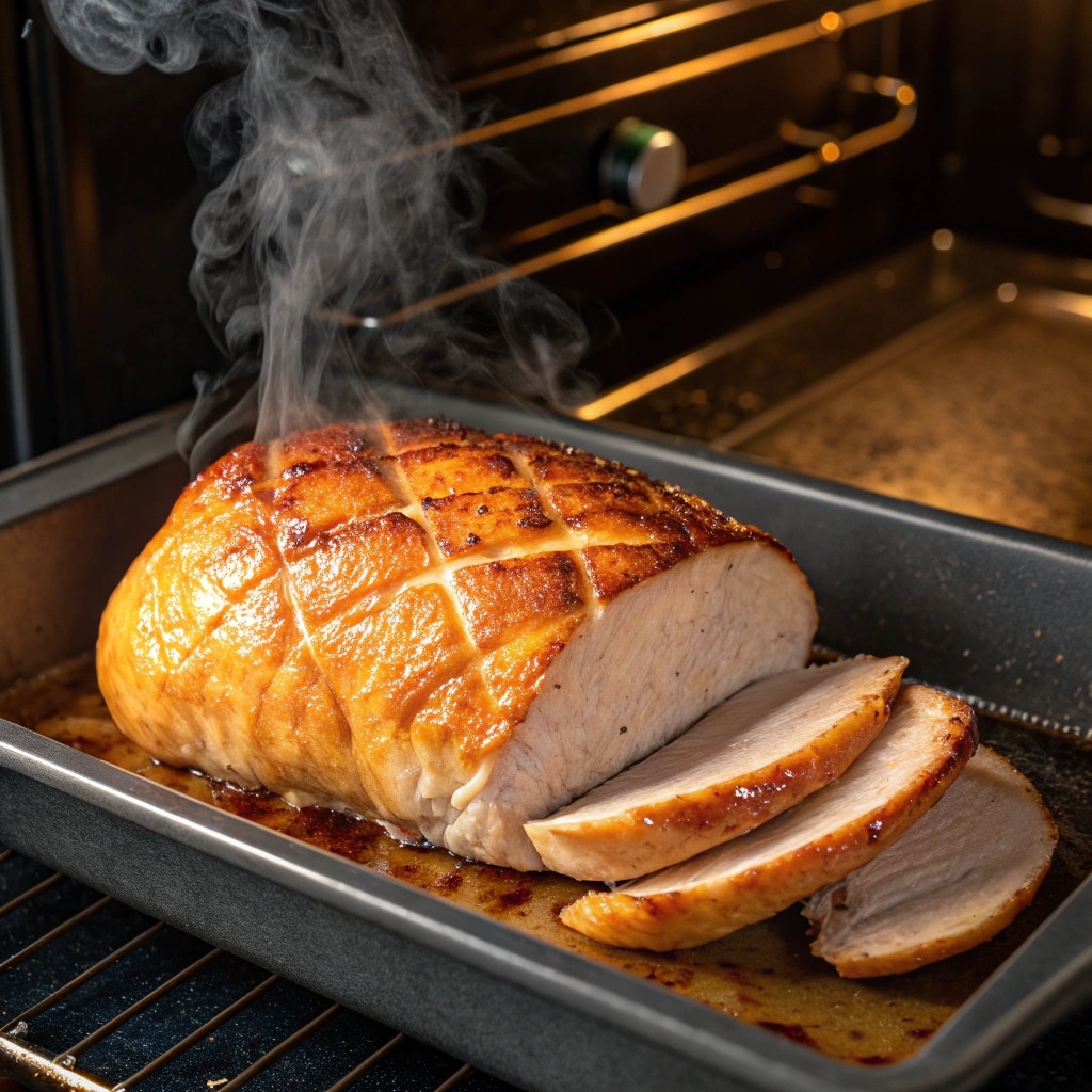 Citrus glazed turkey breast roasting in oven
