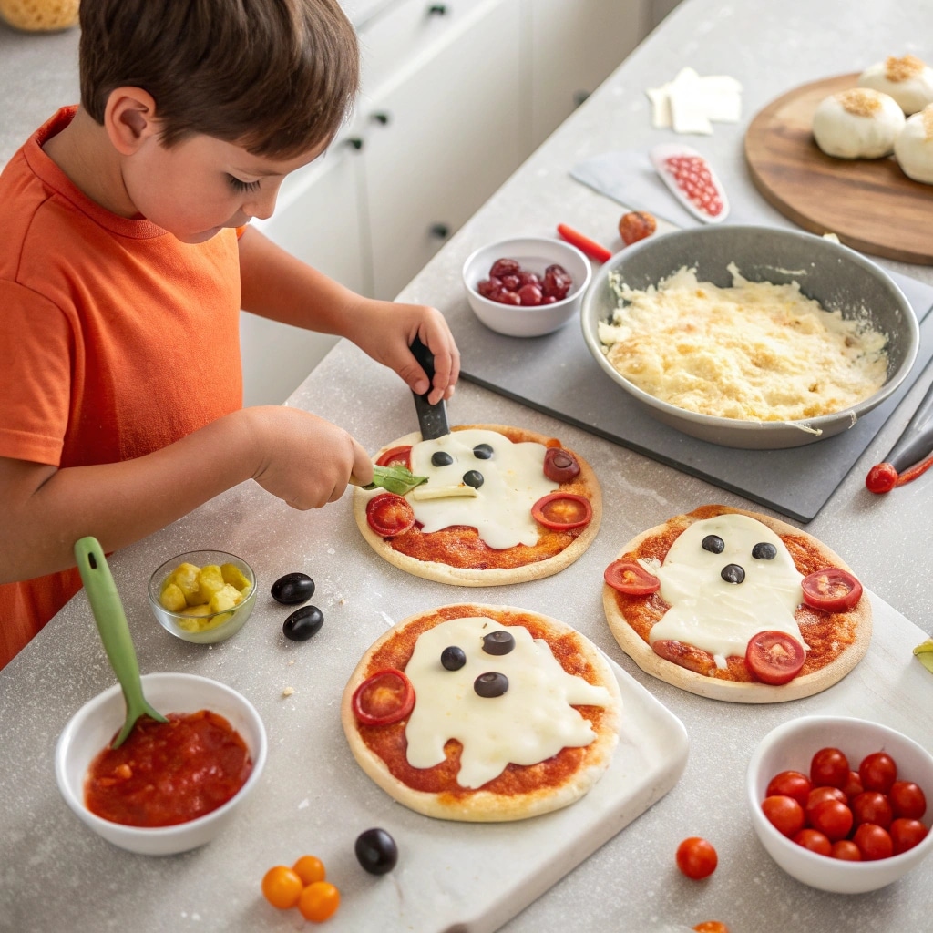 Kids making spooky ghost mini pizzas