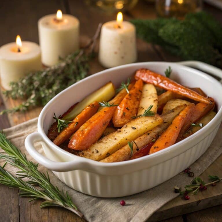 maple-glazed carrots & parsnips served on holiday table