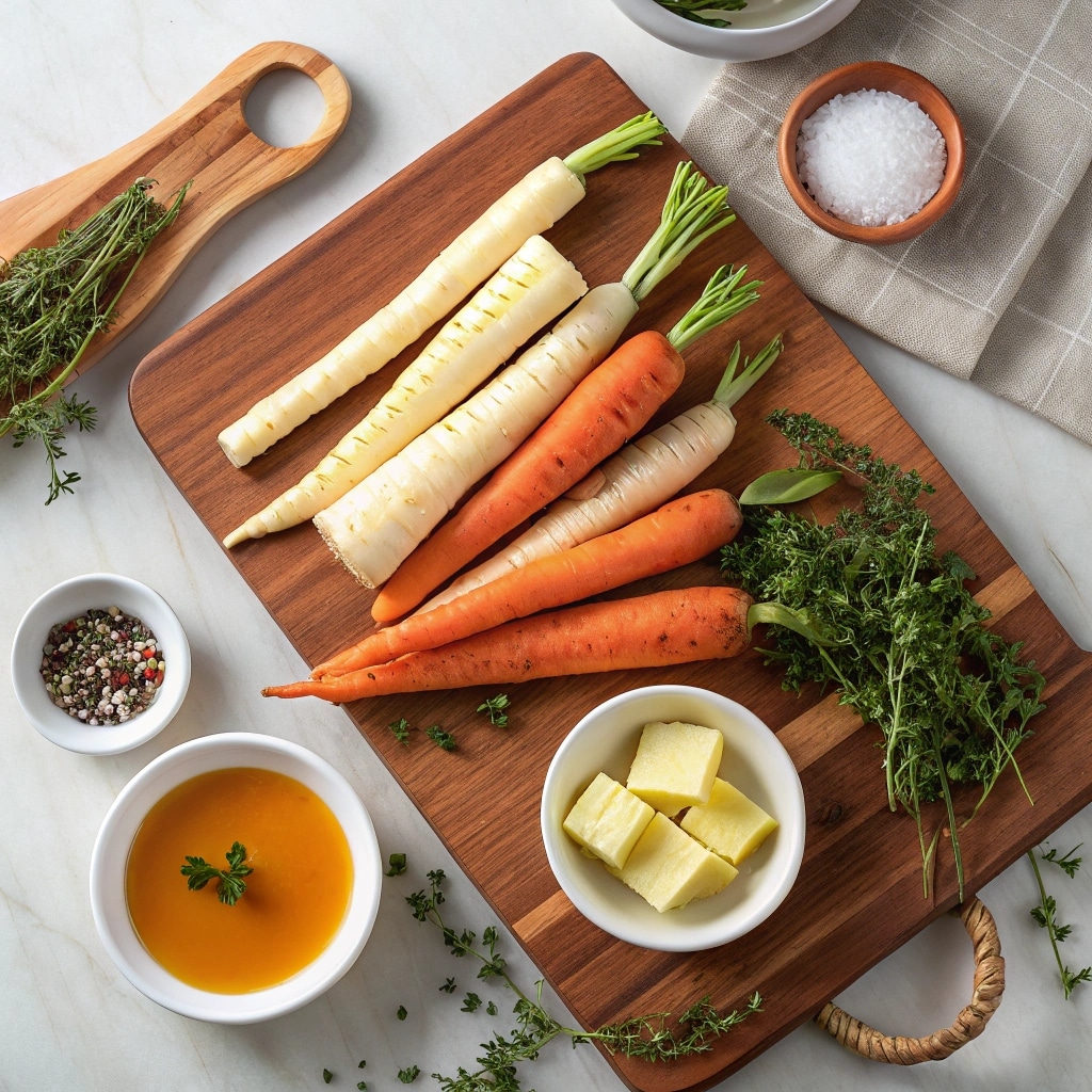 ingredients for maple-glazed carrots & parsnips on wooden board