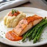 Marry Me Salmon with mashed potatoes and asparagus