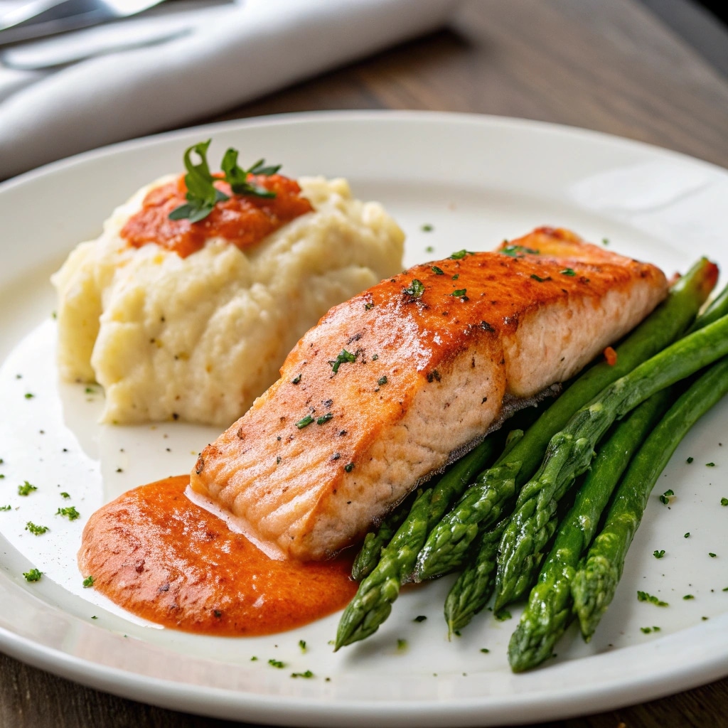 Marry Me Salmon with mashed potatoes and asparagus