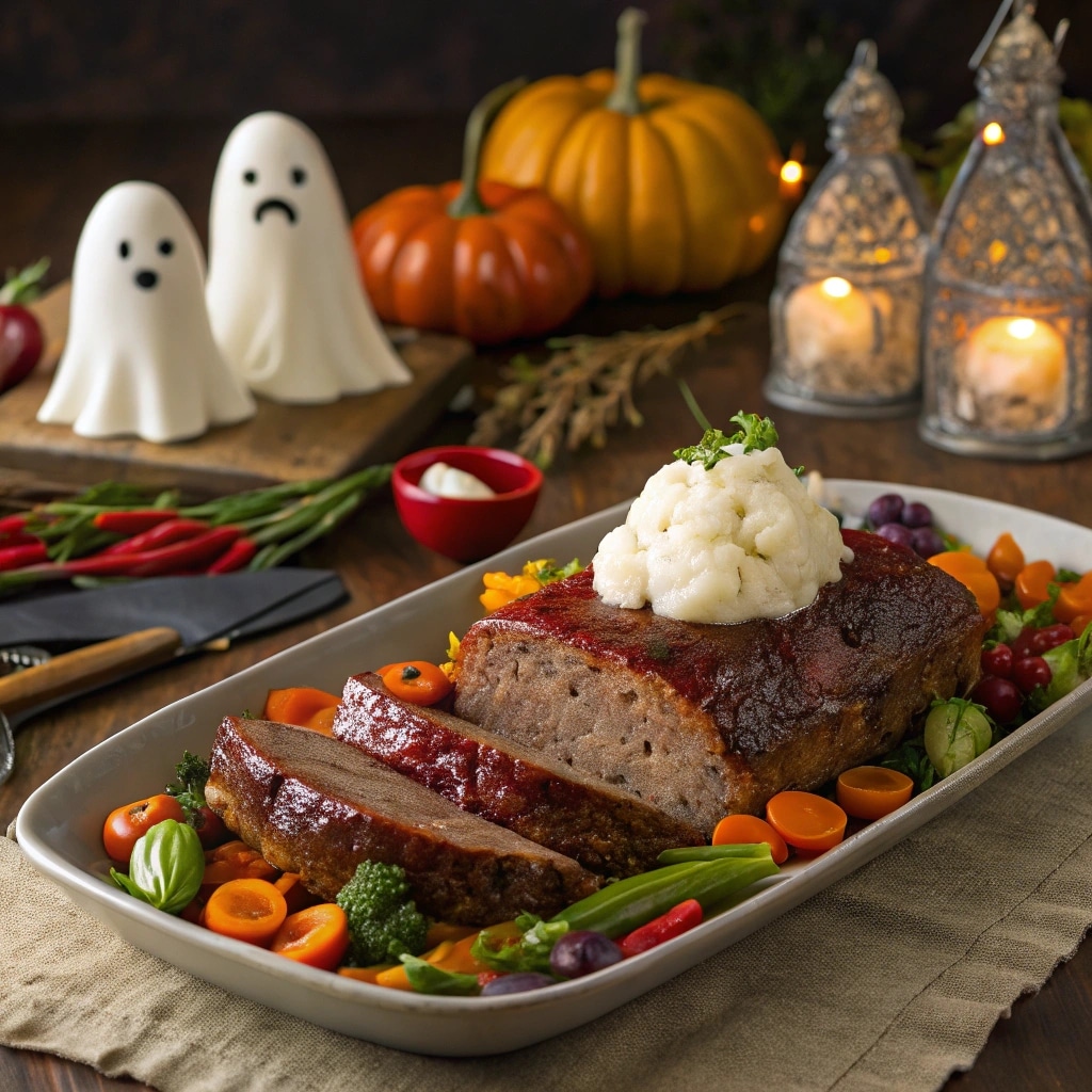 Monster Meatloaf served with mashed potato ghosts