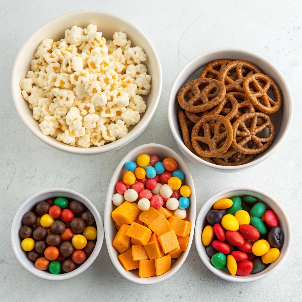 Monster Munch Snack Mix ingredients displayed in bowls
