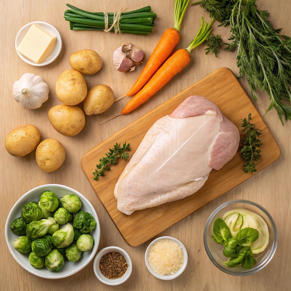 One-Pan Thanksgiving Turkey ingredients with herbs and vegetables