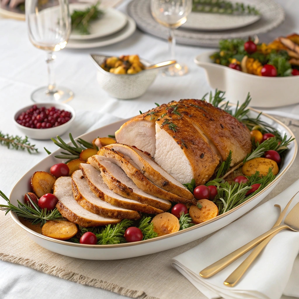Sliced One-Pan Thanksgiving Turkey served with vegetables
