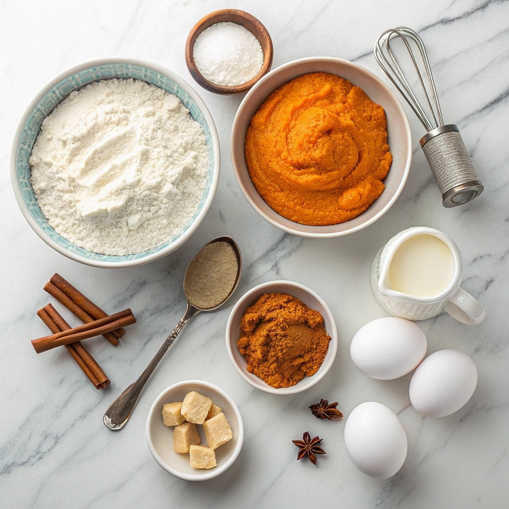Pumpkin bread ingredients on a marble kitchen counter