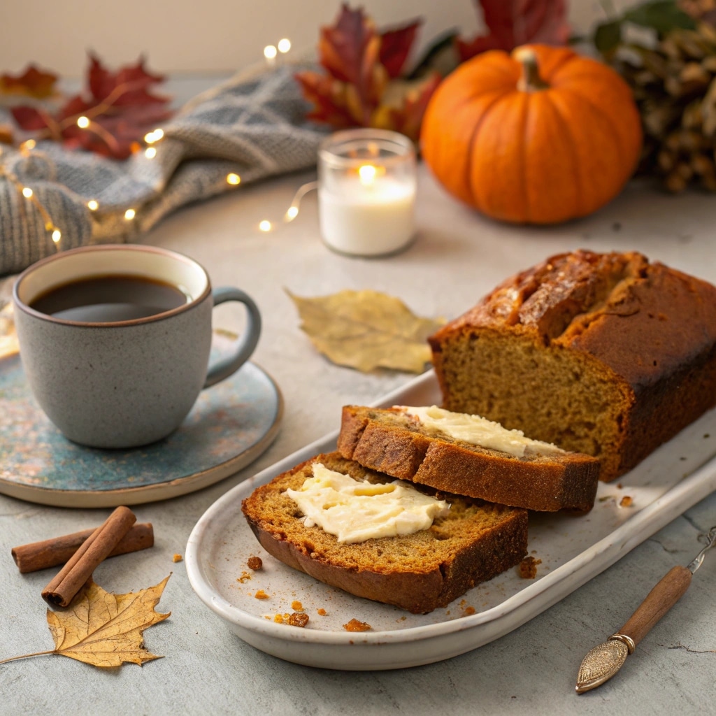 Pumpkin bread slices served with coffee
