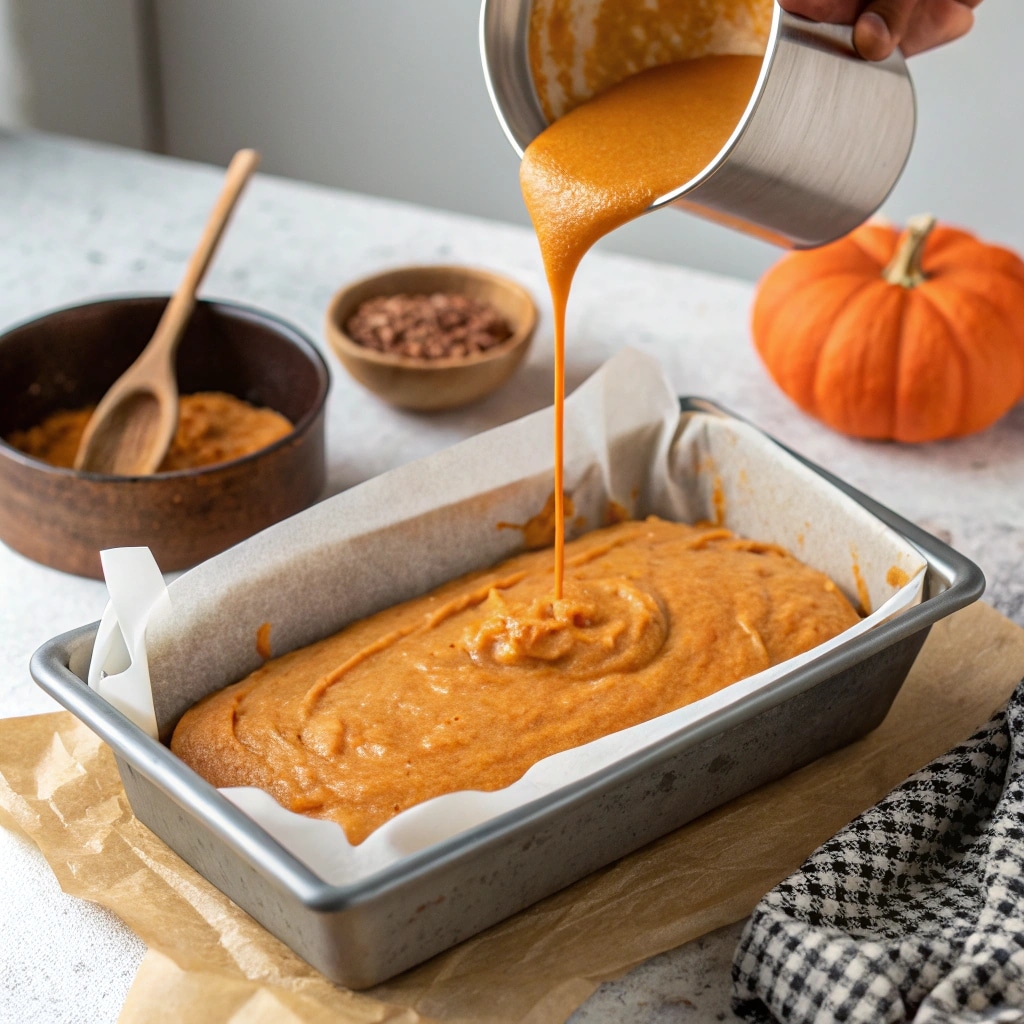 Pumpkin bread batter poured into loaf pan