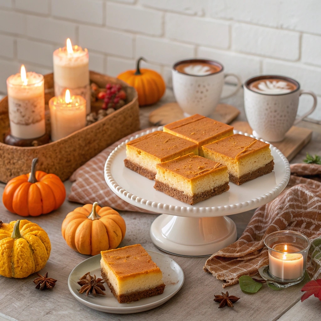 Fall dessert table with Pumpkin Cheesecake Bars centerpiece