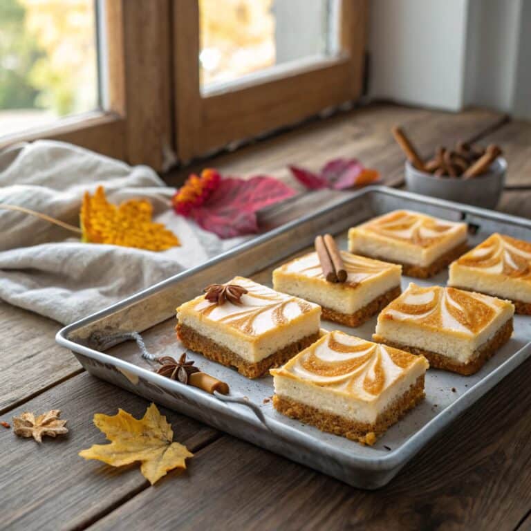 Pumpkin Cheesecake Bars on rustic table with swirl pattern