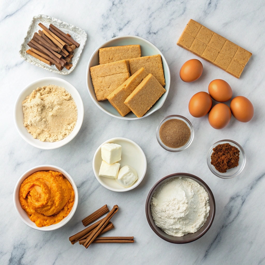 Ingredients for Pumpkin Cheesecake Bars neatly arranged