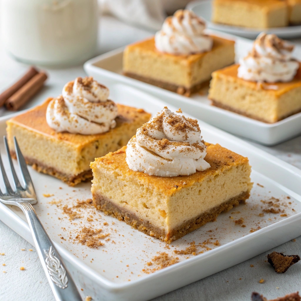 Pumpkin Cheesecake Bars served with whipped cream and cinnamon