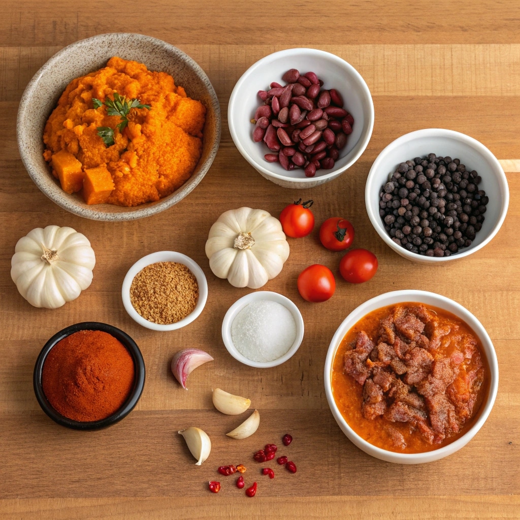 Pumpkin chili ingredients flat lay