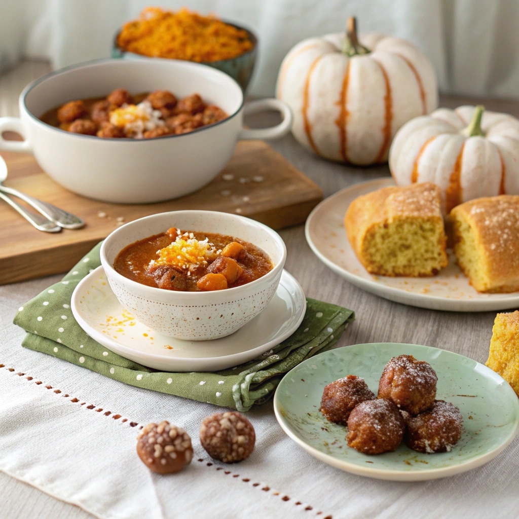 Pumpkin chili served with cornbread and pumpkin donut holes